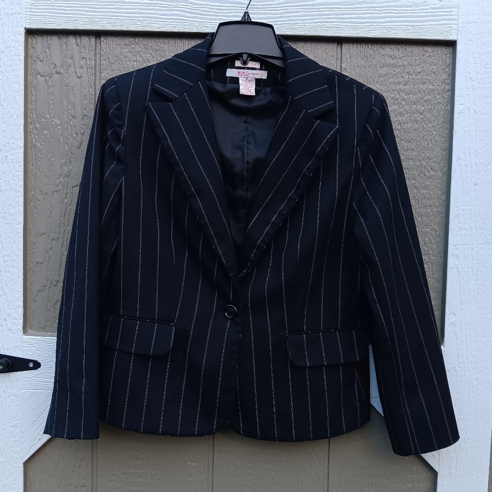 Nine & Company By Nine West Black And White Pinstriped Lined Y2K Blazer Size 12